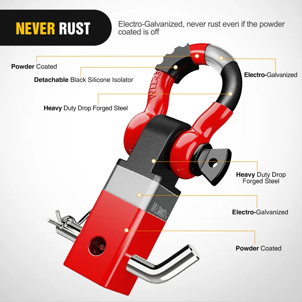 A red heavy-duty shackle hitch receiver with a black silicone isolator and electro-galvanized components.