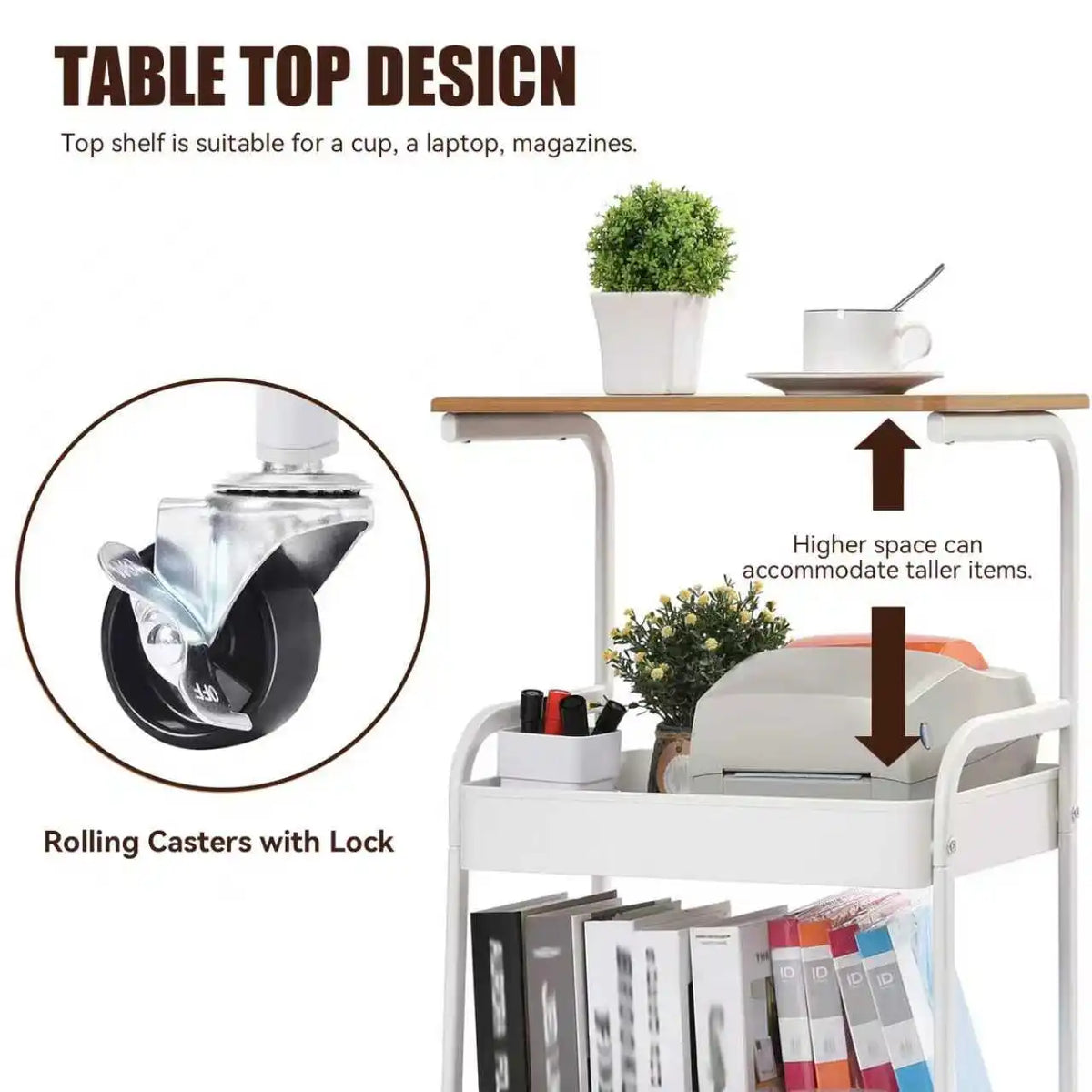 A white 3-tier rolling utility cart with a wooden top design, featuring potted plants and various items.