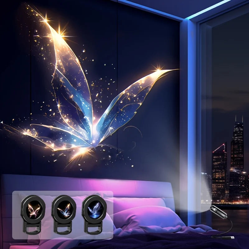 LED USB projector light with adjustable whale, butterfly, and star patterns illuminating a bedroom.