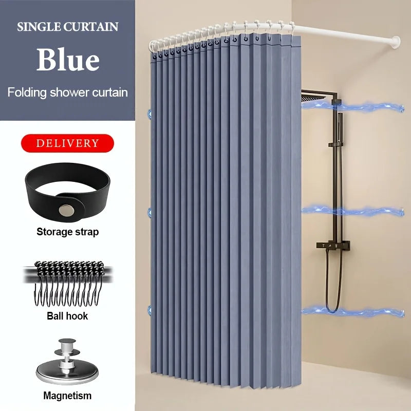 Rideau de douche bleu pliable avec sangle de rangement, crochet à boule et aimant affichés sur un mur.