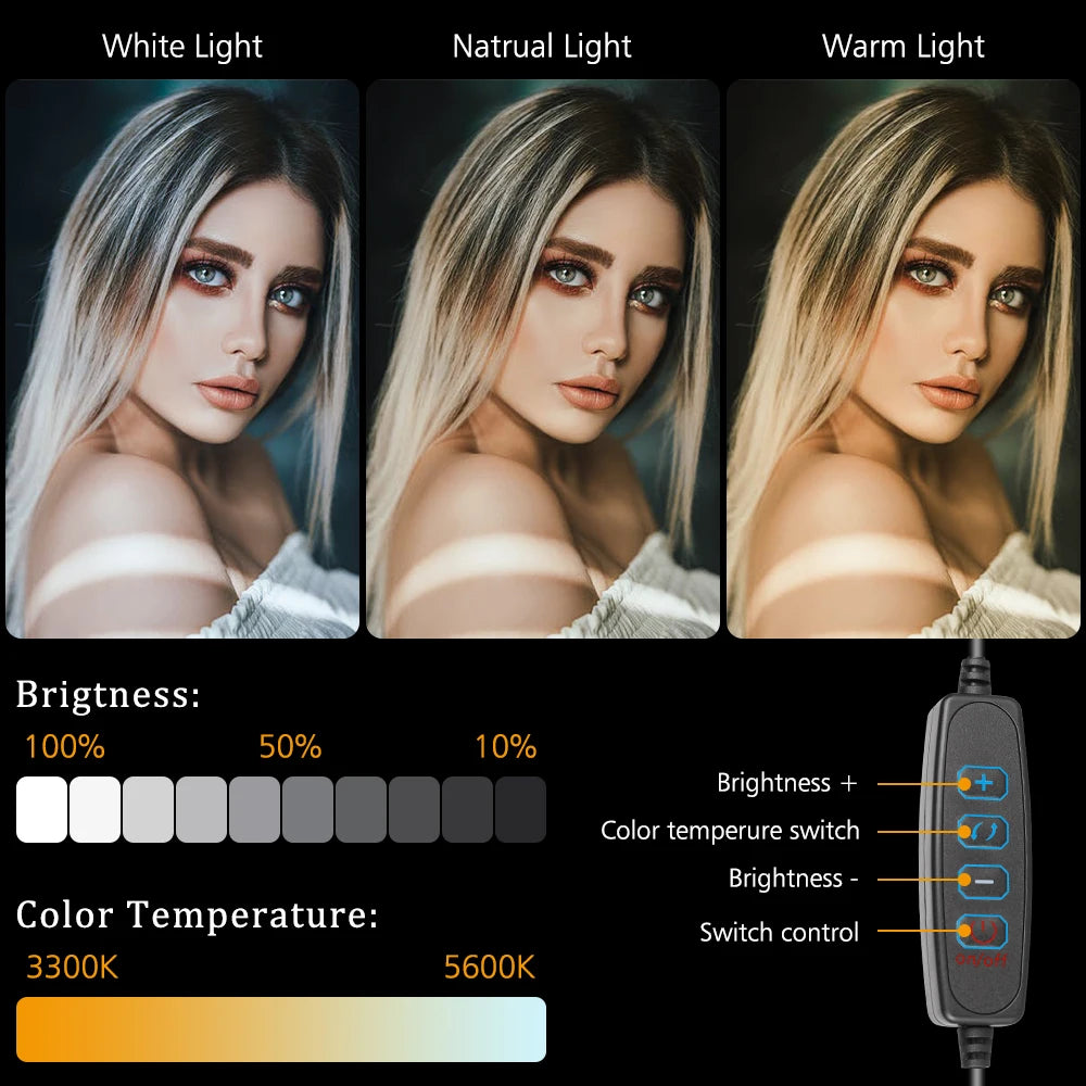 A set of three light panels demonstrating white, natural, and warm light settings with brightness and color temperature contr