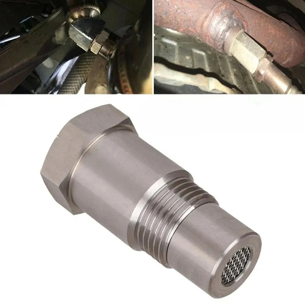 A close-up view of a stainless steel universal oxygen sensor with threaded connections.