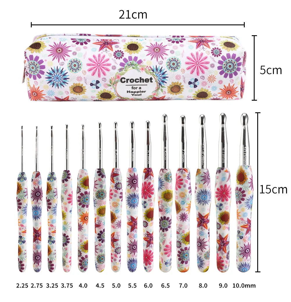 Ergonomic crochet hook set with sunflower design in various sizes from 2.25mm to 10.0mm.