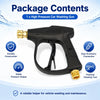A black high-pressure car washing gun is shown with accessories and a cleaning tool.