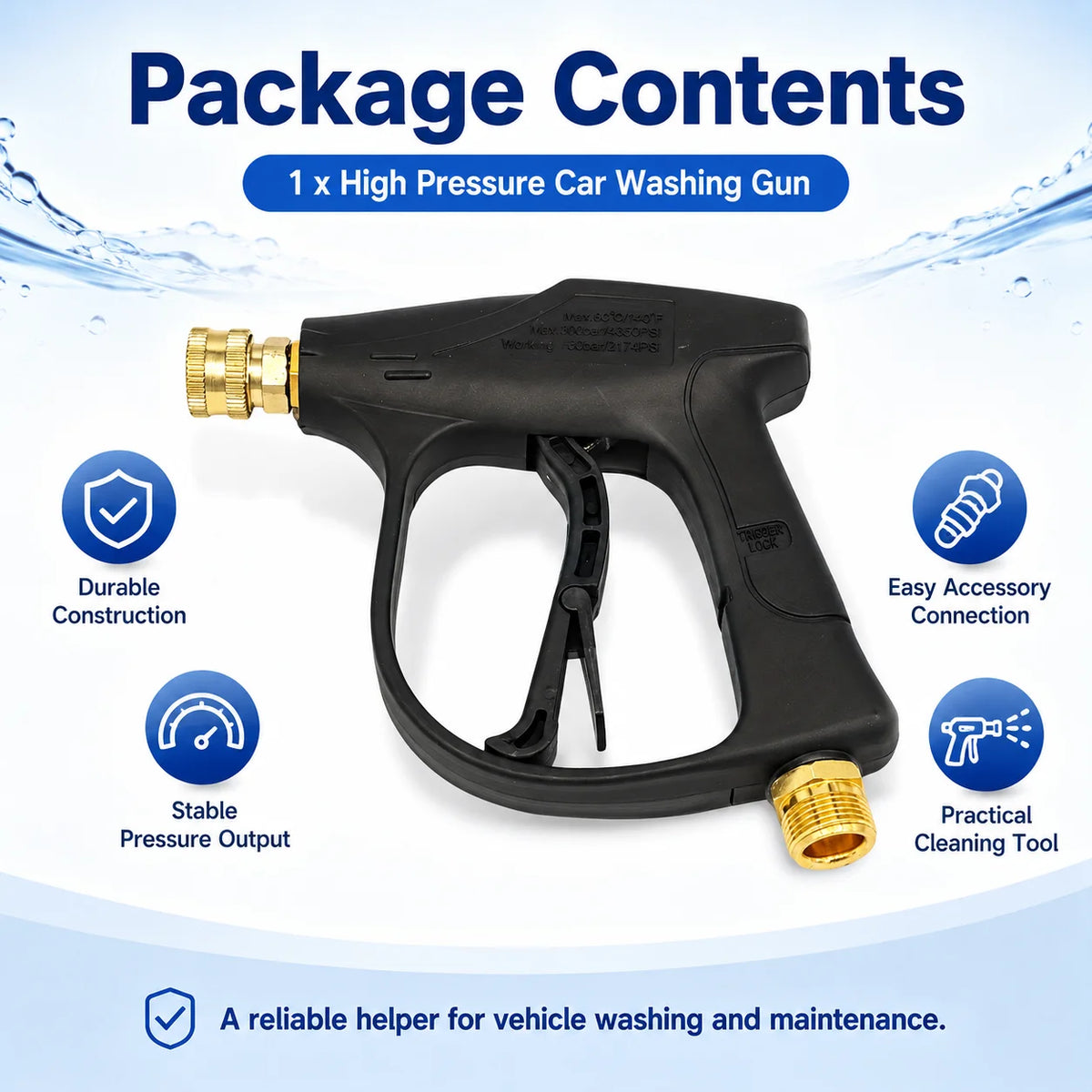 A black high-pressure car washing gun is shown with accessories and a cleaning tool.