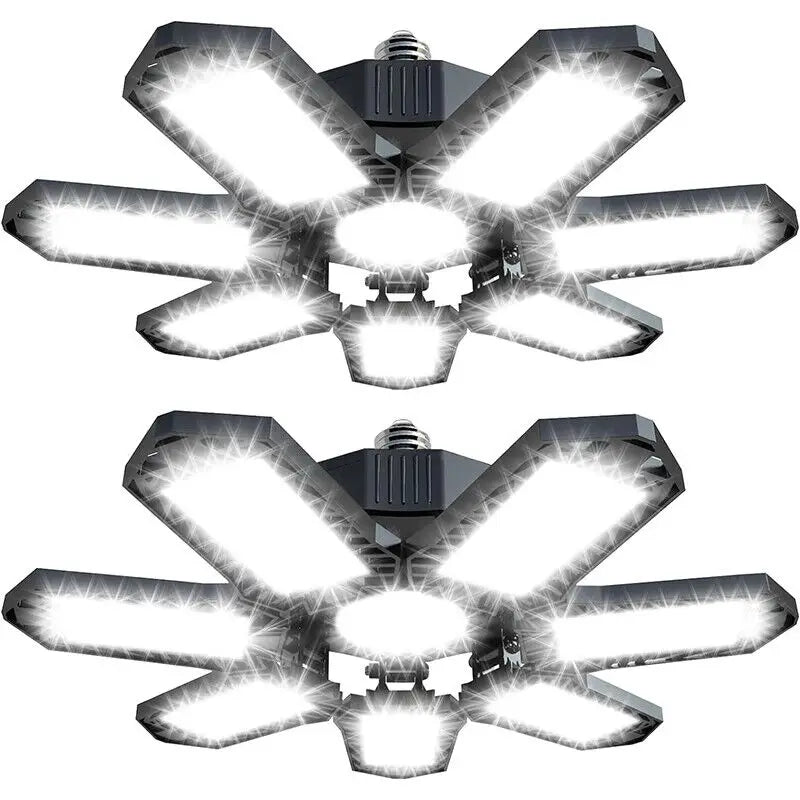Adjustable 8-panel LED garage light fixture with a metallic finish.