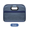A blue foldable car trunk organizer featuring carry handles and a horizontal stripe.