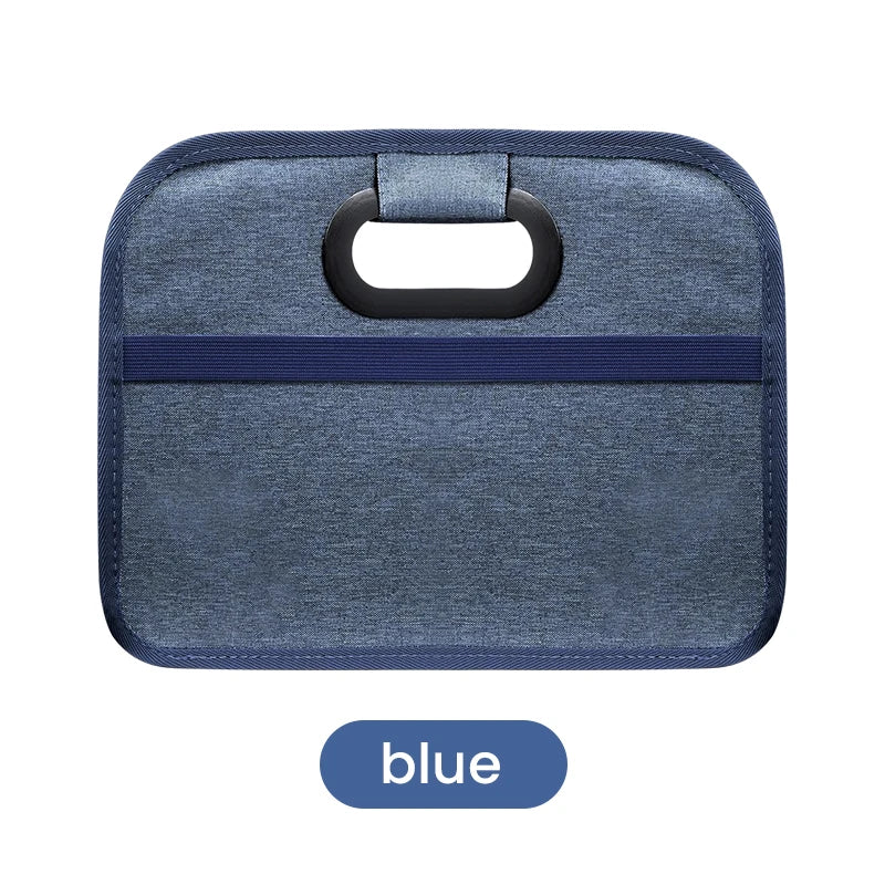 A blue foldable car trunk organizer featuring carry handles and a horizontal stripe.