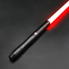 A black lightsaber with a red laser blade is shown diagonally against a dark background.