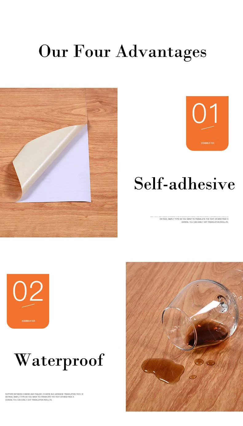 Image showing a self-adhesive and waterproof peel-and-stick wallpaper roll being applied to a wooden surface.