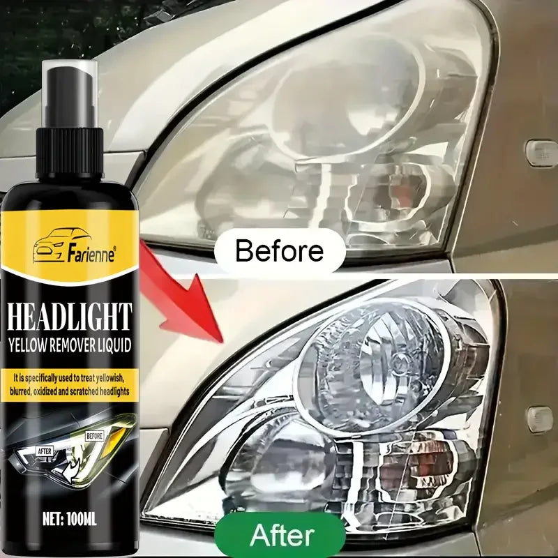 Vorher-Nachher-Vergleich eines Auto-Scheinwerfers mit einem Gelbentferner-Produkt