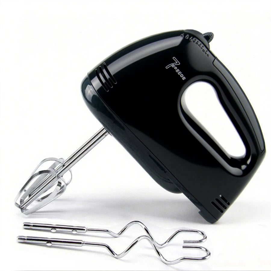 Black 7-Speed handheld electric mixer with attachments shown on a white background.