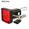 A red lens LED brake and tail light assembly with a running function and wiring harness for a 2-inch hitch receiver.