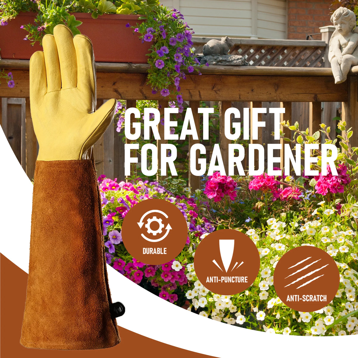 A close-up of a yellow gardening glove with a brown cuff, displayed against a backdrop of lush flowers.