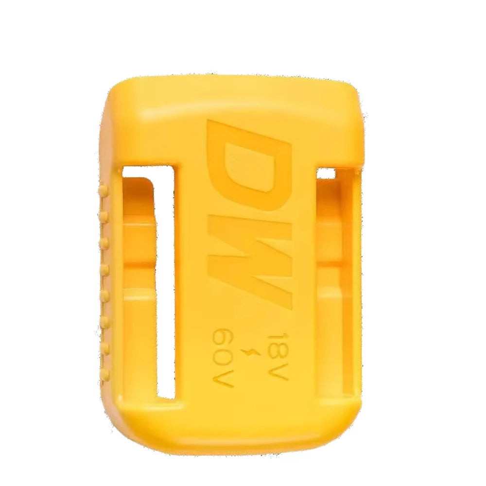 Yellow plastic battery storage holder with 'DW 18V 60V' markings.