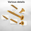 Various details of rust-resistant star drive wood screws with a T25 bit, showing the sharp thread, reinforced neck, and smoot
