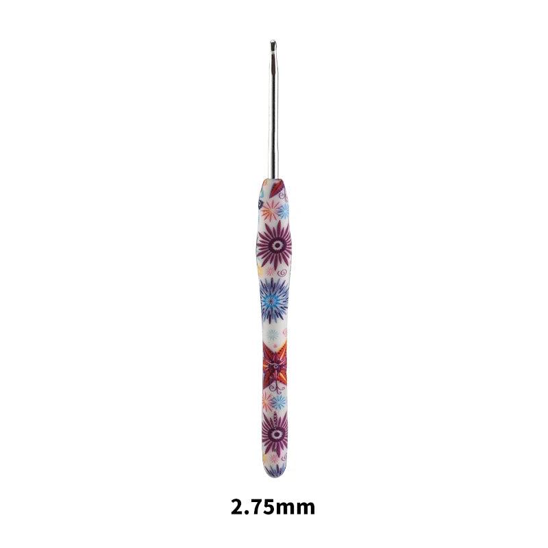 Ergonomic crochet hook with a sunflower design, featuring a colorful, patterned handle.
