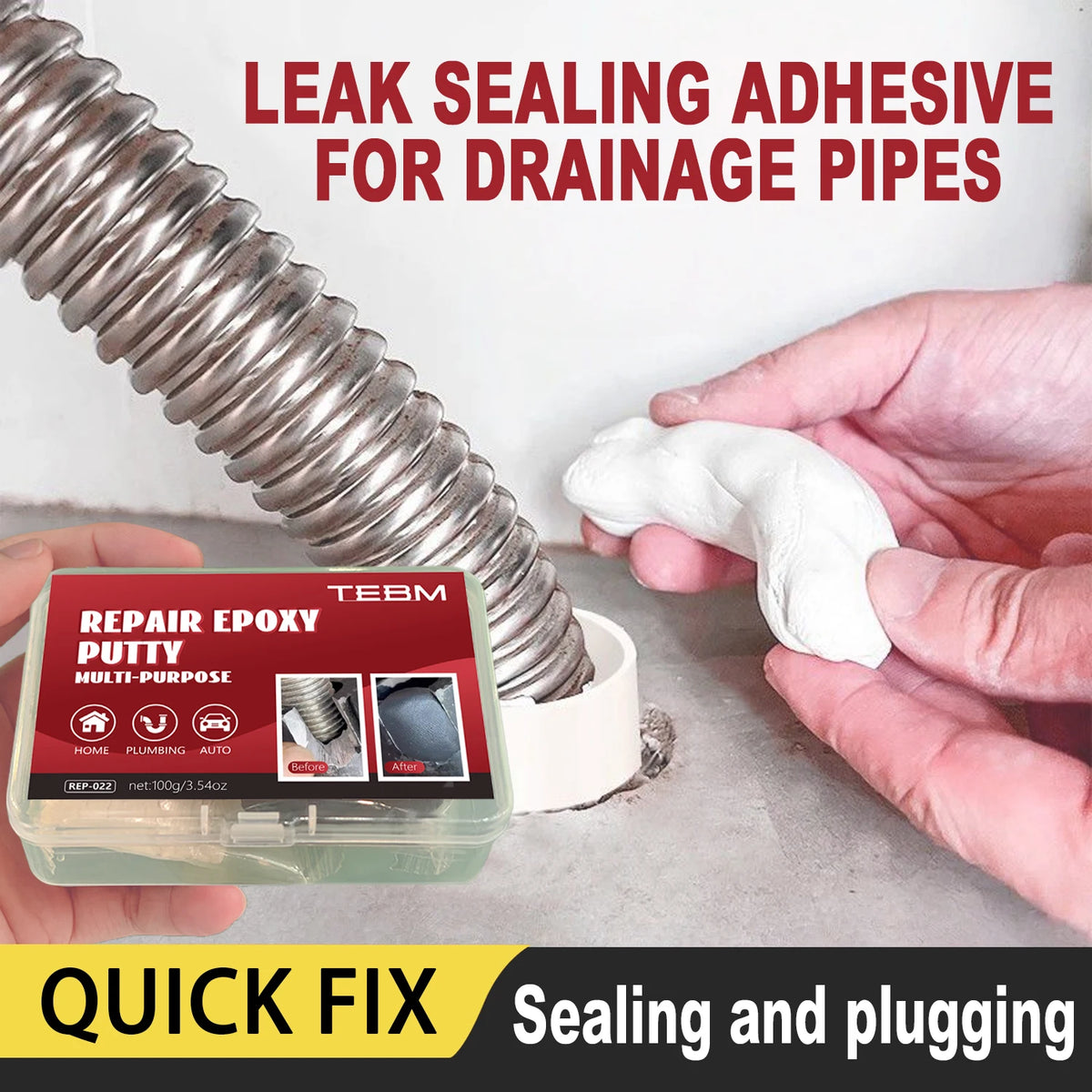 A hand holds a tube of epoxy putty for drainage pipes next to a white container and a piece of white putty.