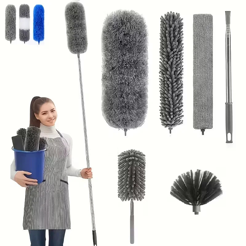 A collection of fluffy microfiber duster heads and a telescopic extension pole for cleaning.