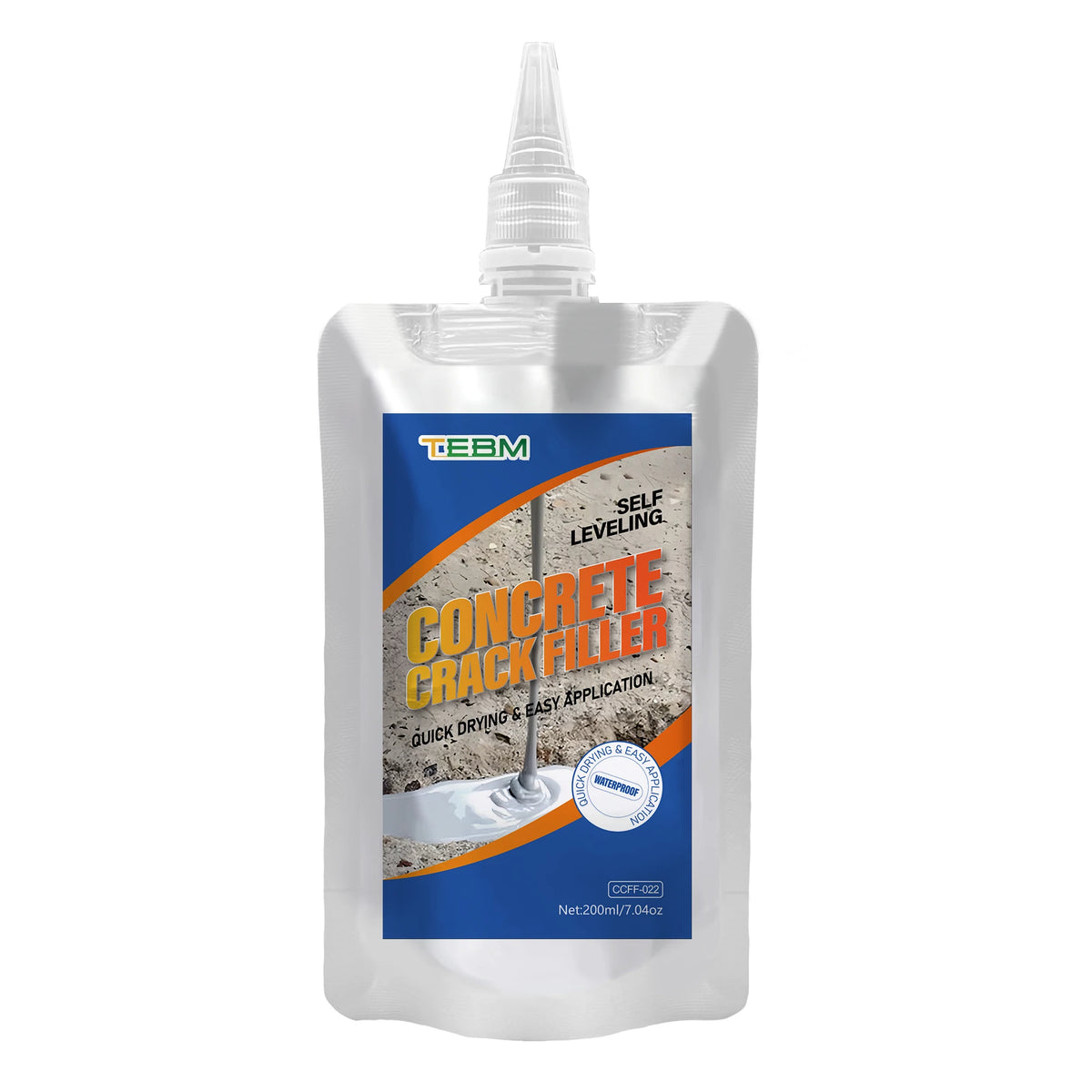 A white bottle of self-leveling concrete crack filler with a clear dropper top and a label showing its application.