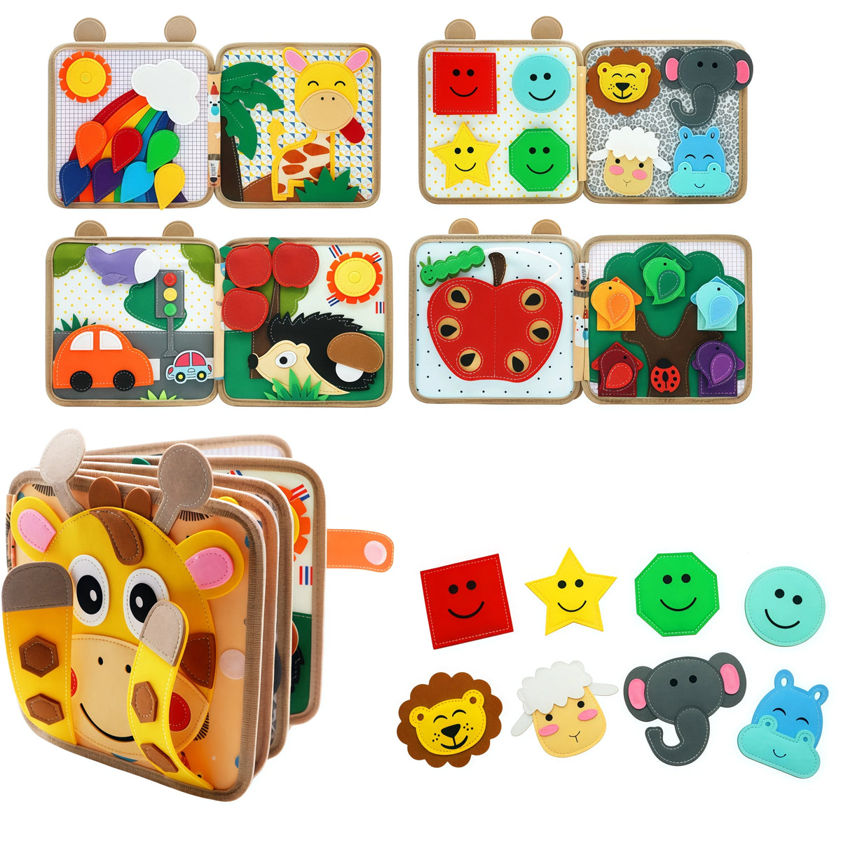 A set of felt quiet books and sensory toys for toddlers featuring animals, fruits, and colorful shapes.