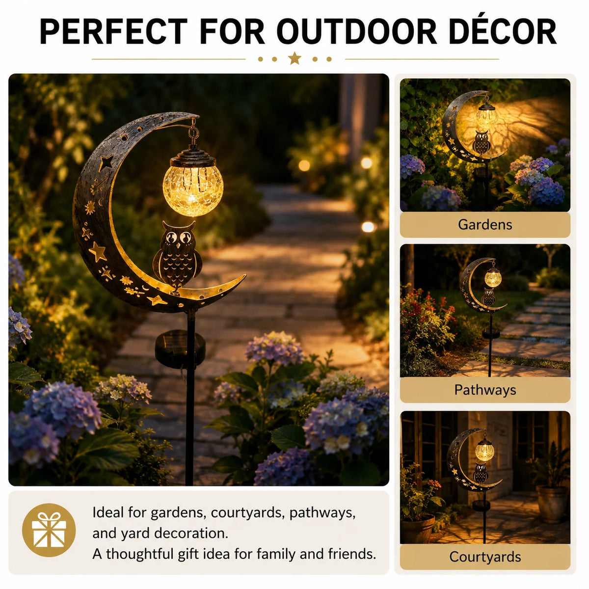 A solar moon-shaped garden light featuring an owl and a glass ball, suitable for outdoor decor.