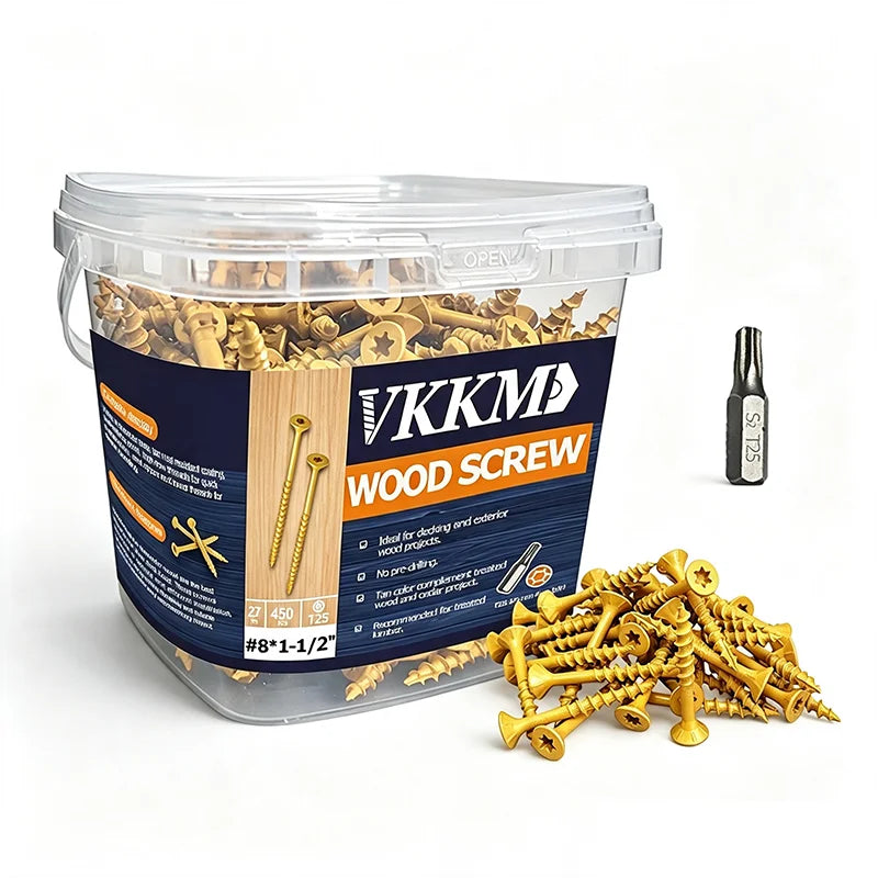 A clear plastic container holds wood screws and a T25 bit for rust-resistant deck and fence work.