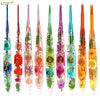 A set of epoxy resin floral-patterned crochet hooks in various colors and shapes.