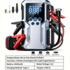 A silver and black all-in-one jump starter and air compressor device with charging cables.