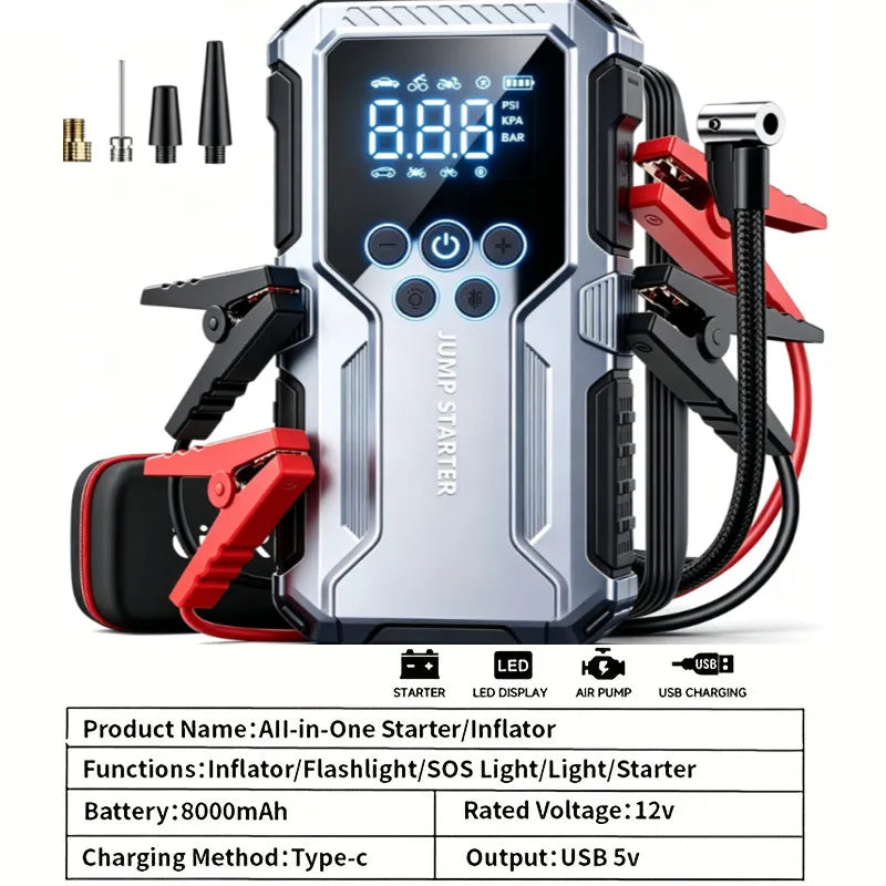 A silver and black all-in-one jump starter and air compressor device with charging cables.