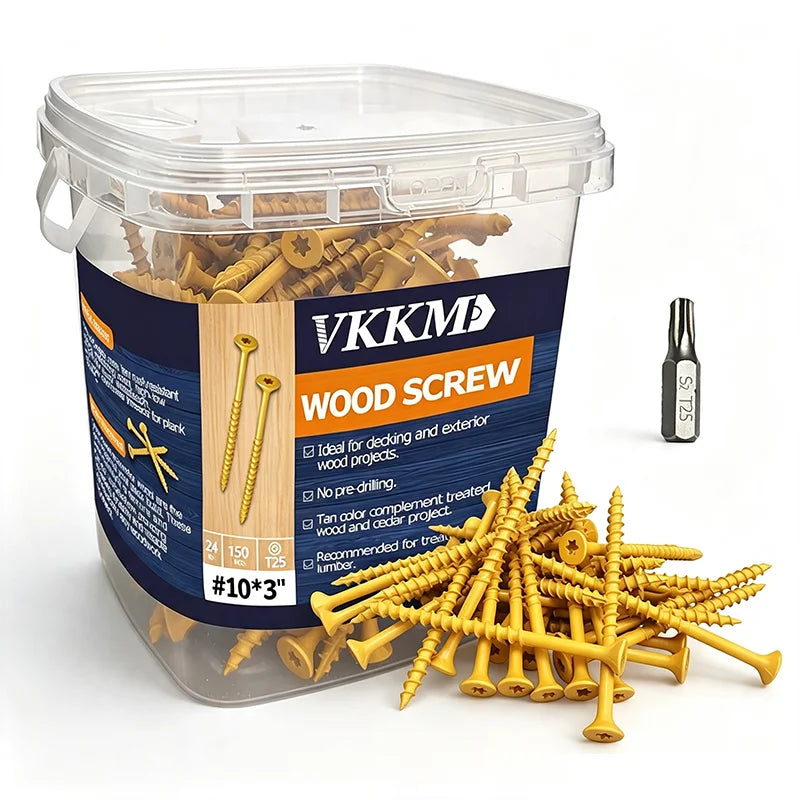 A clear plastic container of wood screws with a T25 bit included for decking and exterior wood projects.