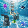 A child is interacting with floating fish toys in a clear blue water tank, surrounded by other aquatic toys.