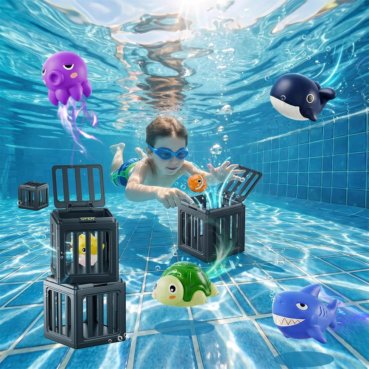 A child is interacting with floating fish toys in a clear blue water tank, surrounded by other aquatic toys.