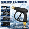 A black high-pressure car wash gun is shown spraying water onto various parts of a vehicle like the body, wheels, and tires.