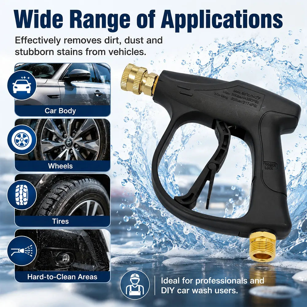 A black high-pressure car wash gun is shown spraying water onto various parts of a vehicle like the body, wheels, and tires.