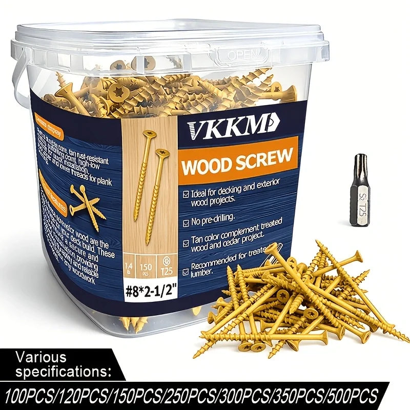 A clear plastic container filled with gold-colored wood screws and a T25 bit, labeled as deck and exterior wood screws.