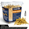 A clear plastic container filled with gold-colored rust-resistant wood screws and a pile of loose screws.
