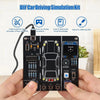 A black DIY car driving simulation circuit board with components and wires is held in a person's hand.