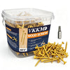 A clear plastic container holds gold-colored wood screws and a T25 bit for woodworking projects.