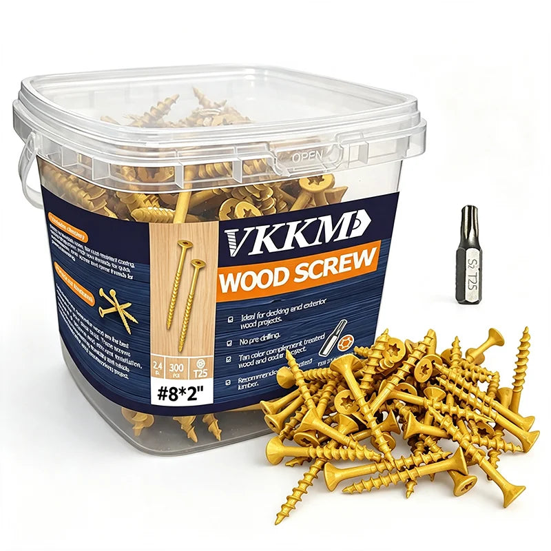 A clear plastic container holds gold-colored wood screws and a T25 bit for woodworking projects.