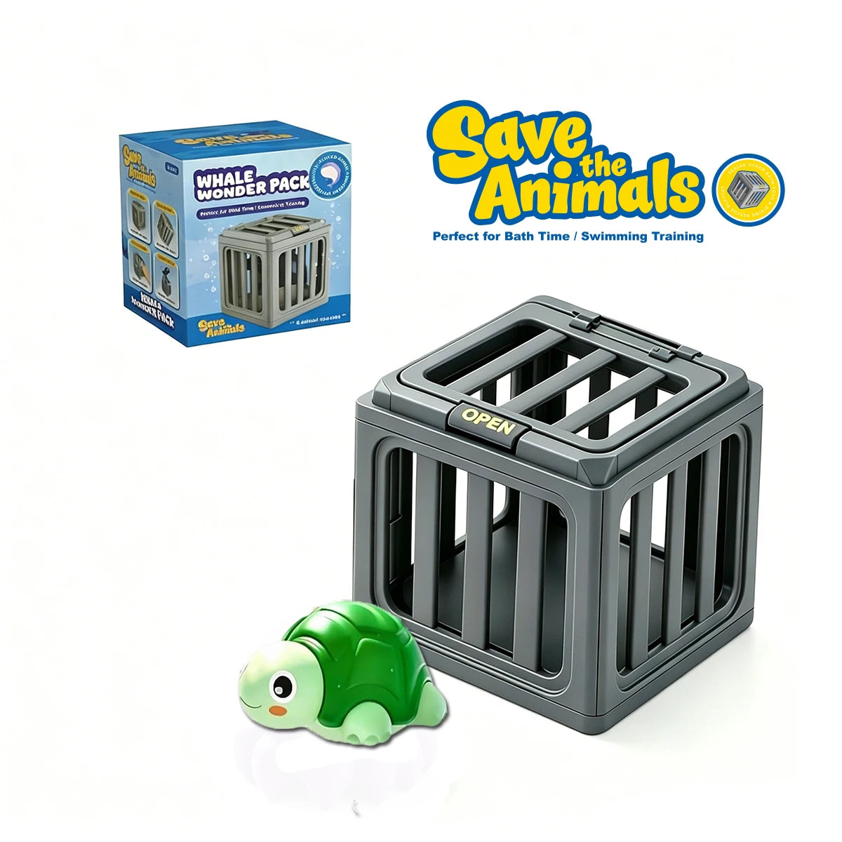 A gray plastic fish pool dive toy is shown next to its packaging and a green frog toy.