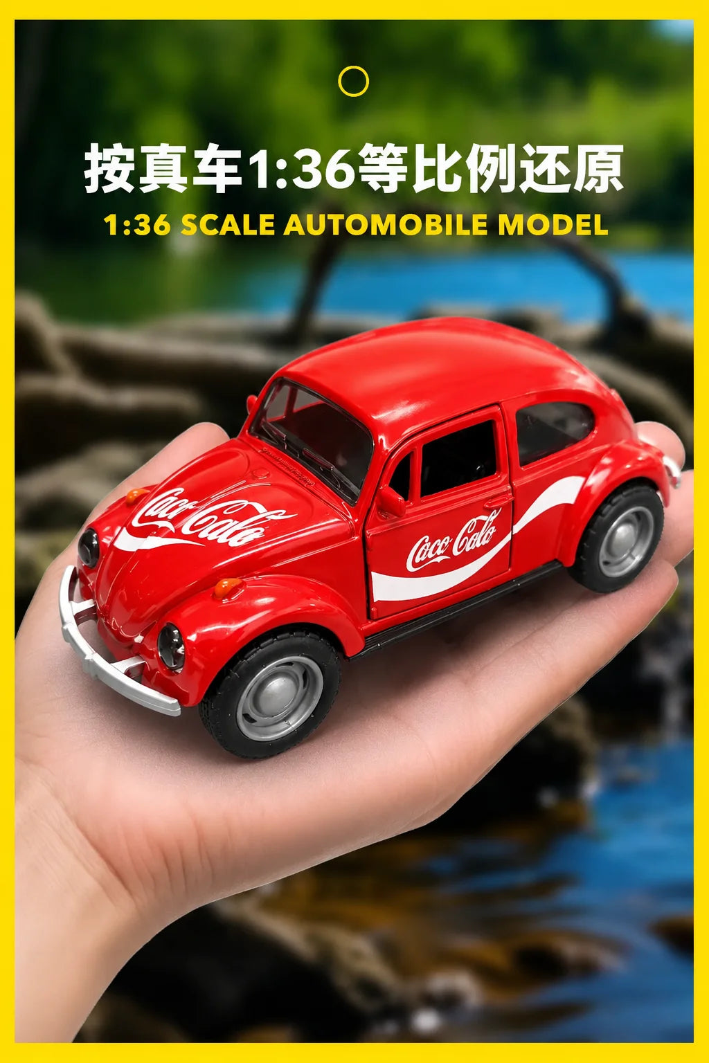A red Coca-Cola branded 1:36 scale model of a vintage Volkswagen Beetle car held in a person's hand.