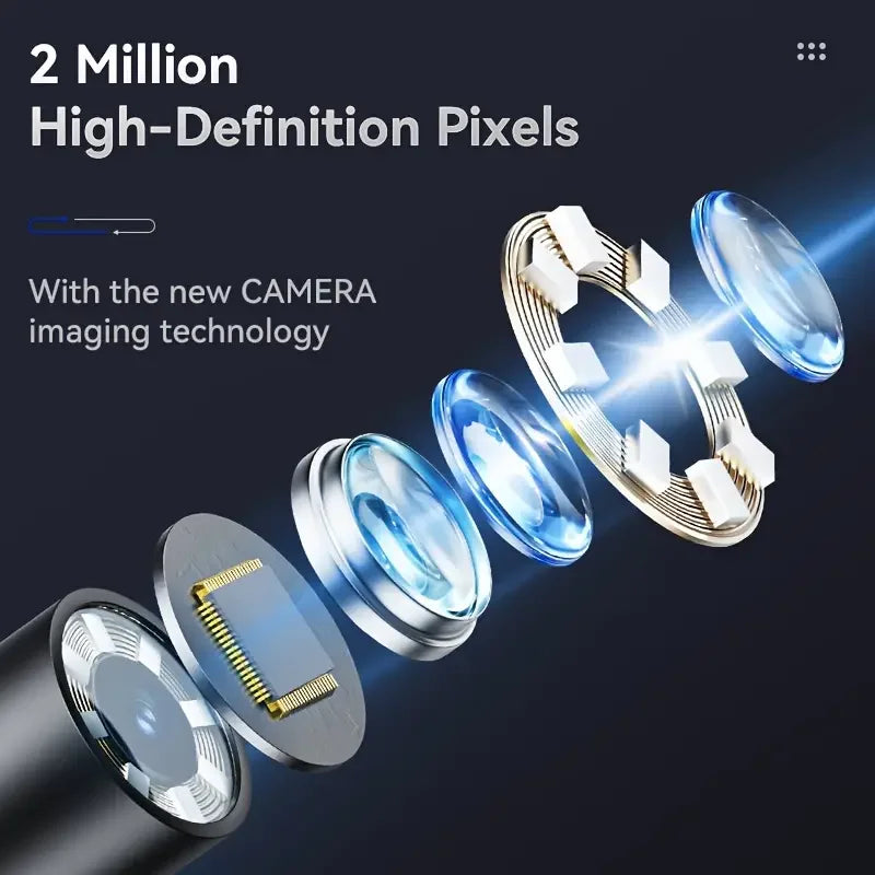 Close-up view of a high-definition industrial endoscope camera lens with multiple optical elements and light beams.