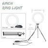 A 6 inch ring light with a tripod stand and power cord is shown.