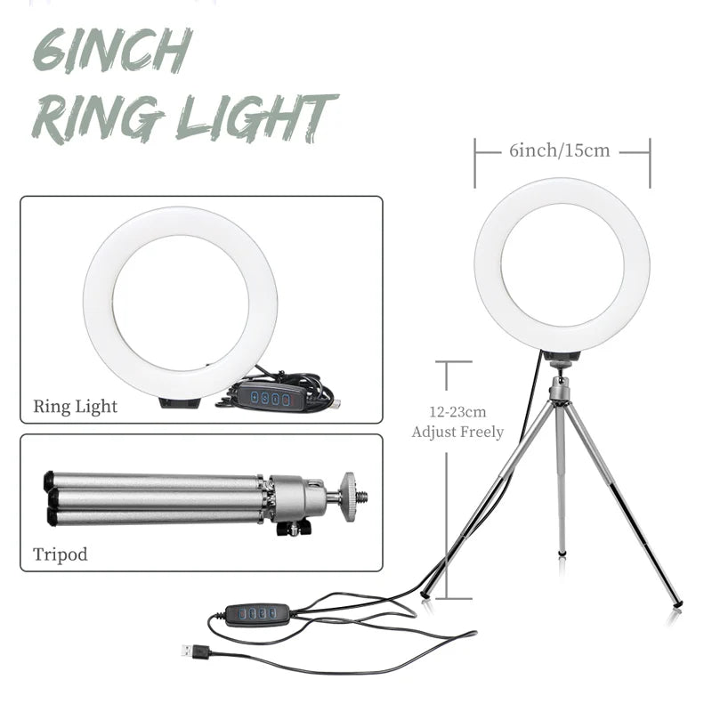 A 6 inch ring light with a tripod stand and power cord is shown.