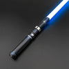 A blue lightsaber with a black hilt and smooth blade is shown against a dark background.