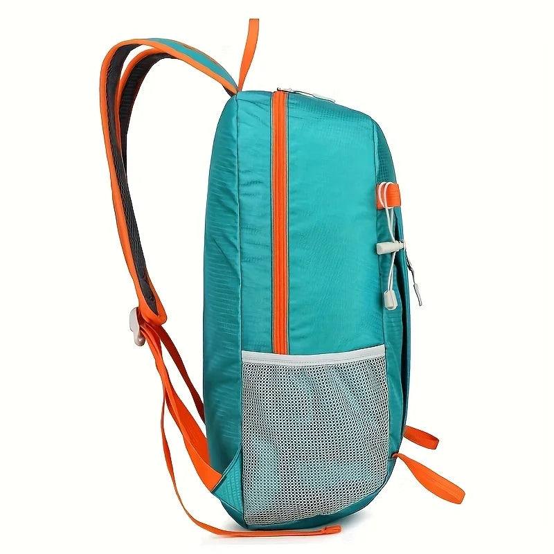 A teal backpack with orange accents and a mesh pocket, shown from the side.