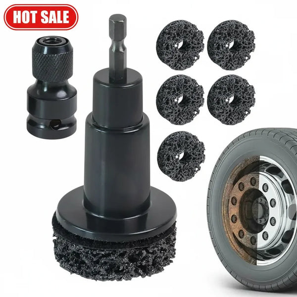 A black drill attachment for wheel hub rust removal and polishing, featuring a spindle and a sanding disc.