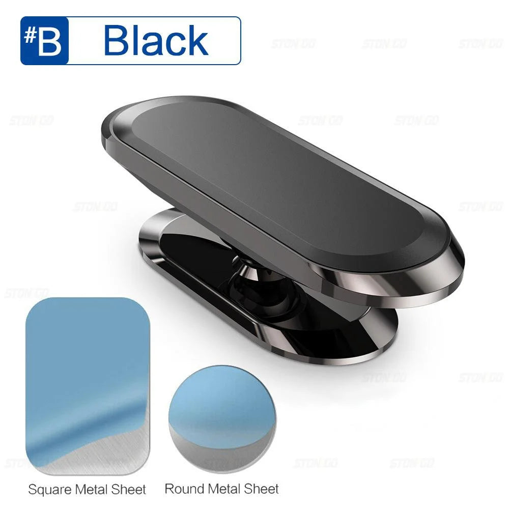 A black magnetic phone mount shown with square and round metal sheets.