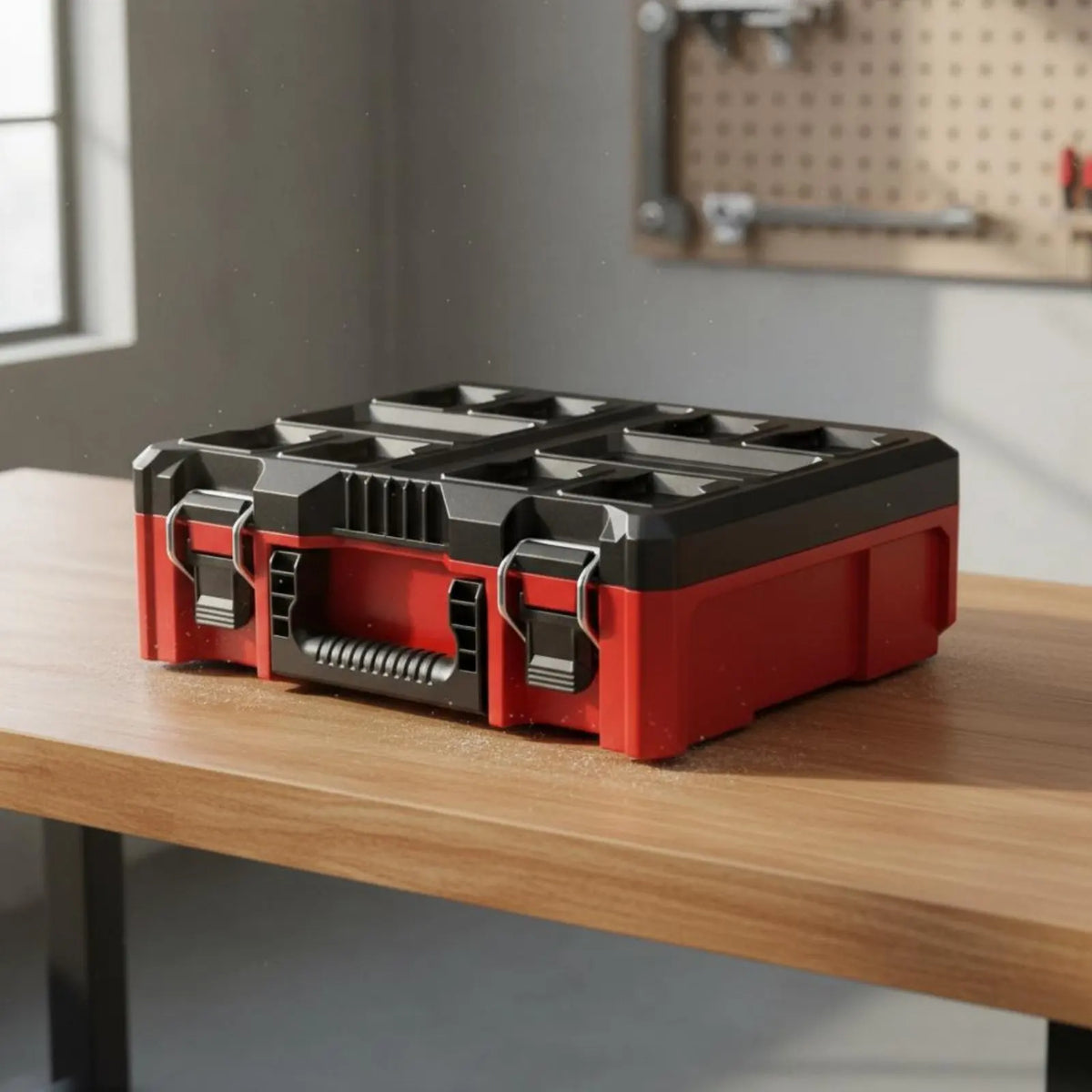 A red and black modular stackable tool organizer case resting on a wooden surface.